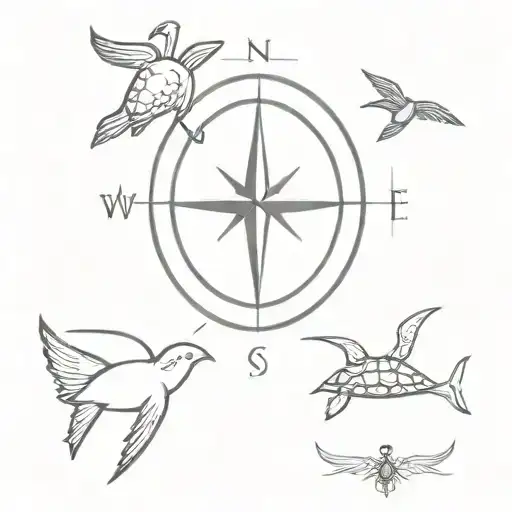 Compass And Turtle And 2 Swallows