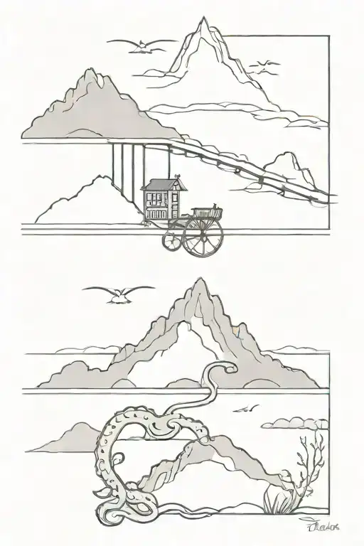 Scenic Bridge With Octopus And Mountain Peak