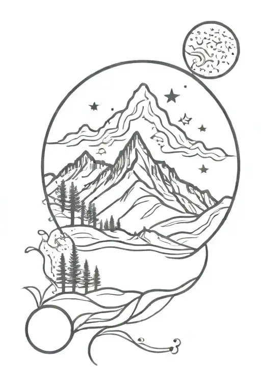 Mountain In Circle With Moon And Stars Going Outward