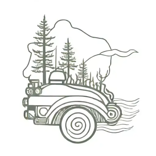A Minimalist Tattoo Design Of A Car Engine Intertwined With Ocean Waves And Forest Trees