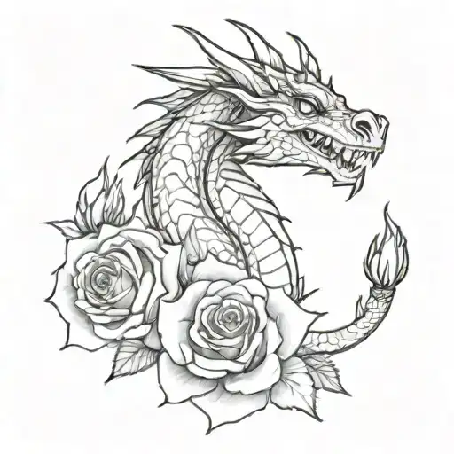 Black And White Dragon With Rose Tattoo For Women