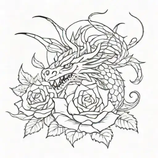 Black And White Dragon With Rose Surrounded