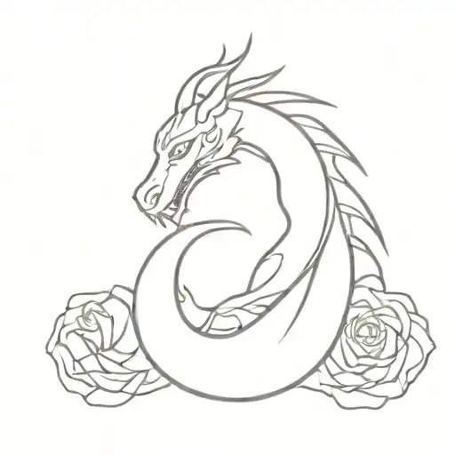 Black And White Dragon With Rose Surrounded