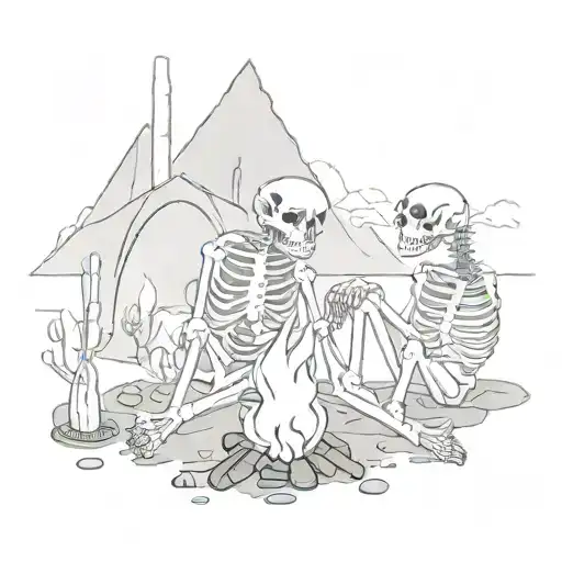 Sketch Of Two Human Skeletons Sitting In Front Of A Campfire Accompanied By Two Cat Skeletons