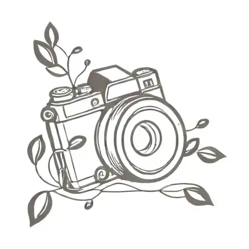 A Minimalist Tattoo Of A Camera Lens Surrounded By Musical Notes And Coffee Beans