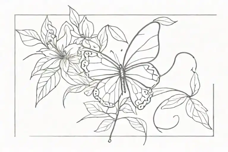 Line Art Butterfly With Leaves And Flowers
