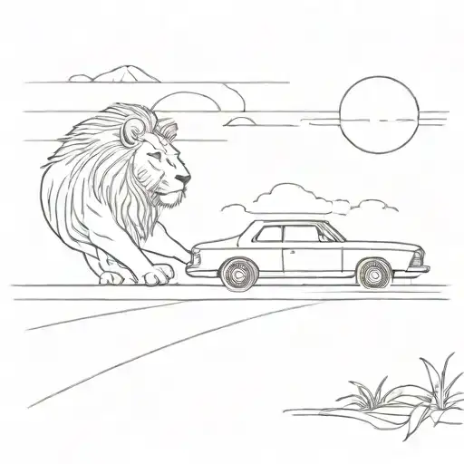 A Minimalist Car Driving On A Beach In Venezuela With A Lion In The Background
