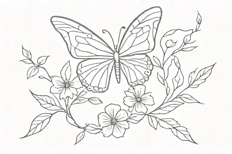 Line Art Butterfly With Leaves And Flowers