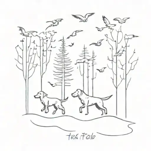 A Minimalist Tattoo Of A Pack Of Dogs Running Through A Forest With Birds Flying Above Them