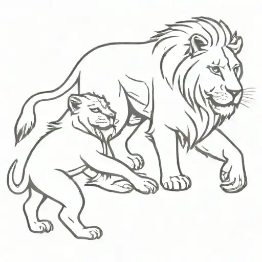 Father Lion Wrestling Two Cubs