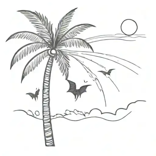 A Minimalist Design Of A California Palm Tree With A Vampire Bat Hanging From It