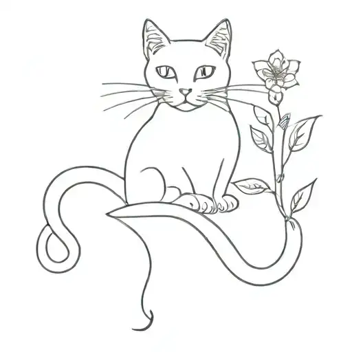 Minimalist Cat Tattoo With Tail That Turns Into A Flower Stem