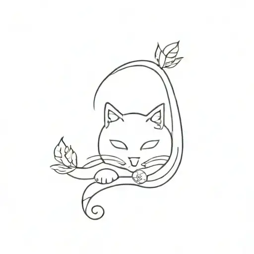 Minimalist Horizontal Cat Tattoo With Long Tail That Turns Into A Single Flower
