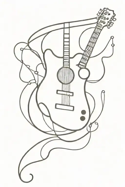 A Minimalist Tattoo Design Of A Guitar With Circuit Board Patterns Intertwined In The Strings