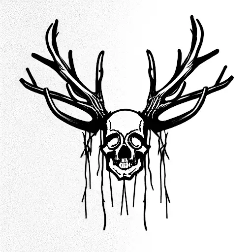 Skull With Deer Antlers Wrapped With Barbed Wire