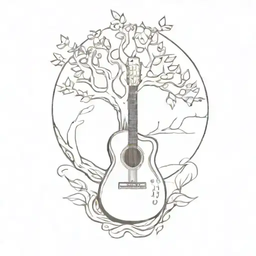 A Sketch Style Design Of A Guitar Morphing Into A Tree Of Life