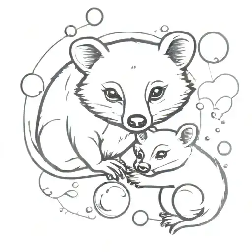 Ring Tail Possum And Bear Cub Surrounded By Bubbles Floating Up