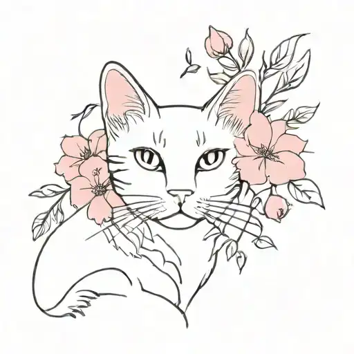 A Minimalist Tattoo Design Of A Cat Surrounded By Pink Flowers