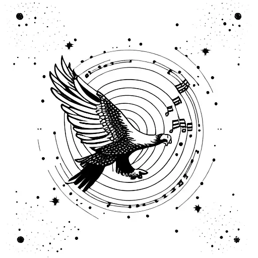 A Minimalist Tattoo Of An Eagle Soaring Through A Galaxy Filled With Music Notes