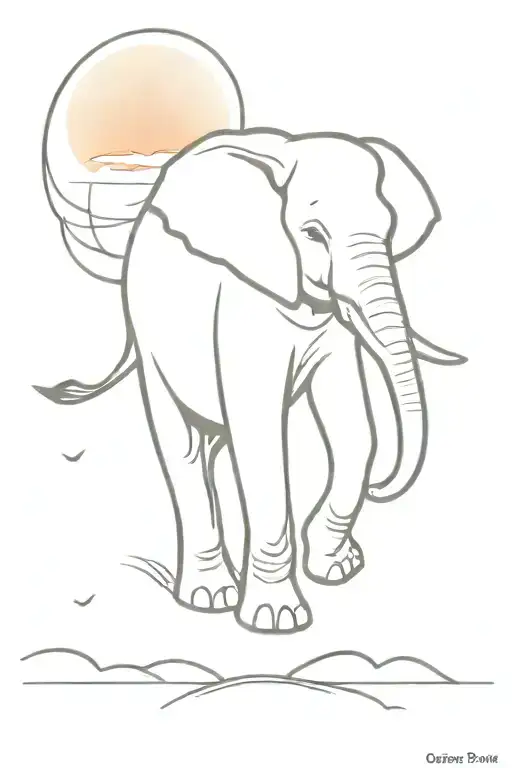 Elephant Walking With Jet Flying Above With A Sun Set Background