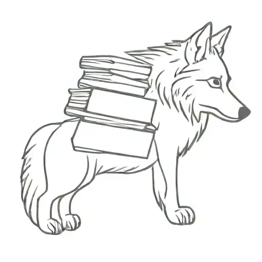 A Minimalist Tattoo Featuring A Stack Of Books With A Wolf Peeking Out From Behind Them