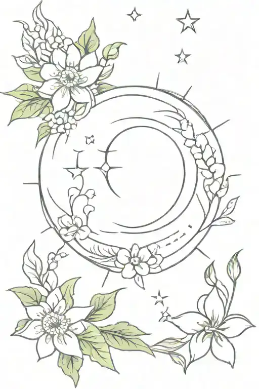 A Traditional Style Sun And Moon Surrounded By Blooming Flowers And Lush Greenery