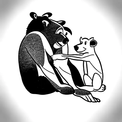 Baloo And Mowgli From The Jungle Book Sitting Together In Fine Line Art