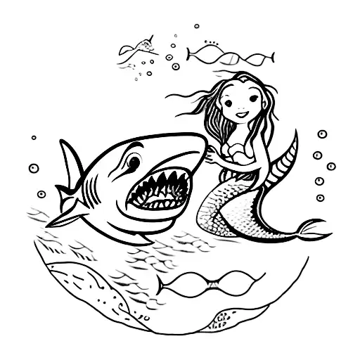 Shark And Mermaid Swimming Towards Each Other