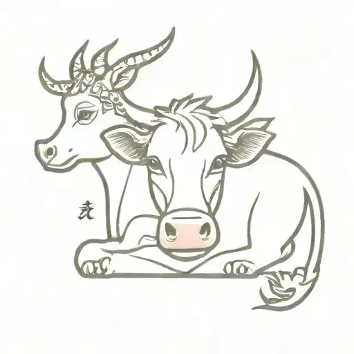Cow And Dragon In Cute Style