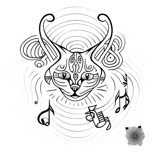 A Minimalist Tattoo Of A Cat Surrounded By Musical Notes And A Peaceful Aurora