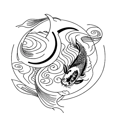 Koi Fish With Crescent Moon And Lotus Flower