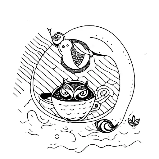 A Whimsical Scene Of A Turtle And Owl Having Coffee And Tea