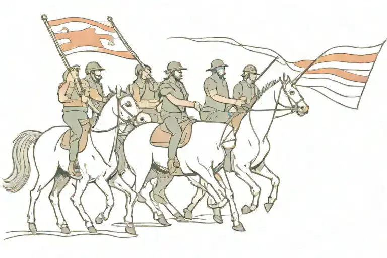 Six Men Riding A Horse Holding A Flag That Says Heaps