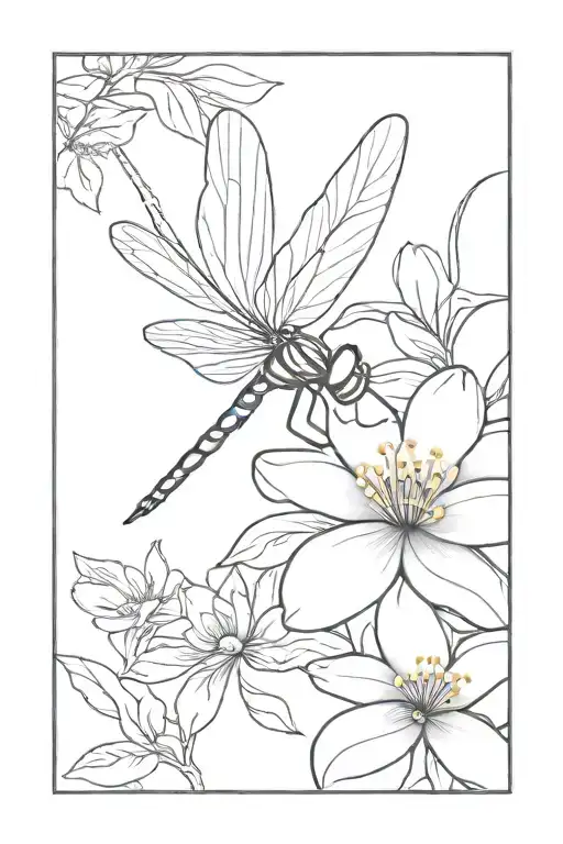 Create A Simple Line Tattoo Consisting Of A Simple Flower And Dragon Fly
