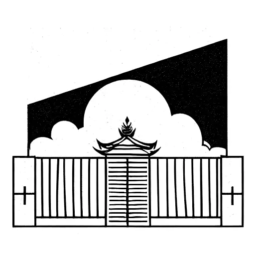 Vertical Rectangle Box With Balinese Temple And Gates Mountain And Clouds And Pattern