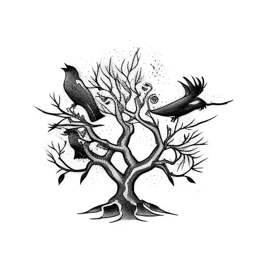 Smoky Tree With Three Birds On A Branch And One Flying Away
