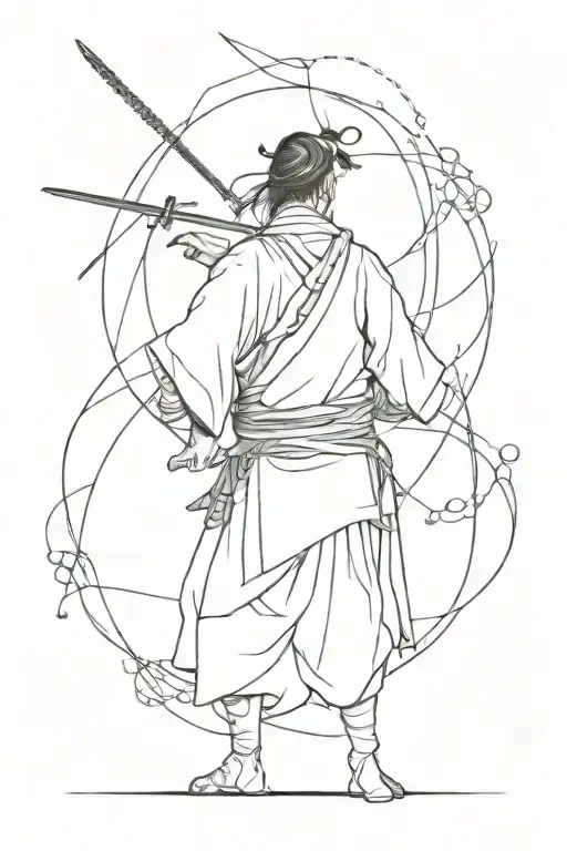 Samurai Surrounded By Orbits Of Arabic Caligraphy In Microrealism Style
