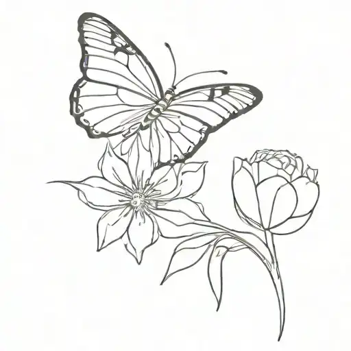 A Line Art Design Of A Butterfly Resting On A Flower In A Garden