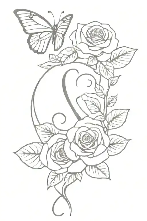 Rose With Leaves With Butterfly And S Letter With Heart
