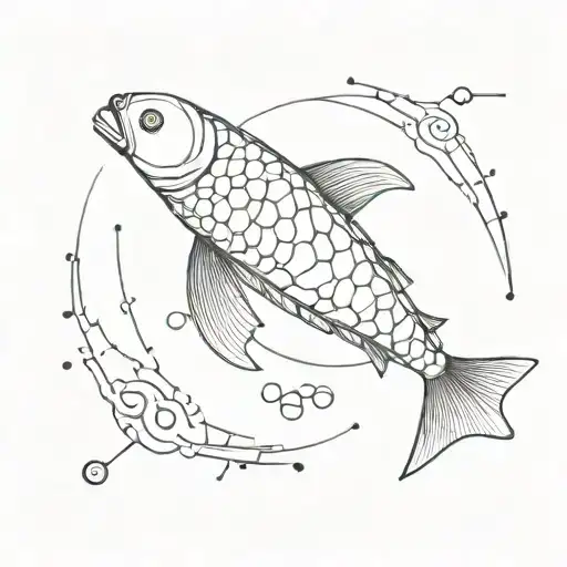 A Futuristic Cybernetic Koi Fish Swimming Among Circuit Patterns And Binary Code