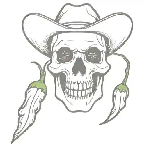 Create A Minimalist Tattoo Of A Skull Wearing A Cowboy Hat And Surrounded By Hot Peppers