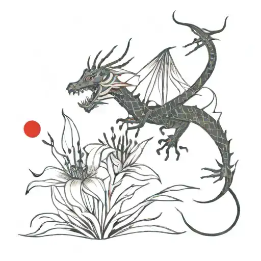 Minimalistic Due-tone Red-black Middle-sized Tatoo With Black Japaneese Dragon And Red Spider Lilies