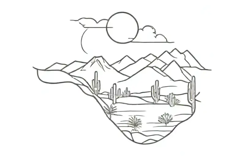Desert Landscape Drawn Just By One Line Tattoo Which Is Staying Horizontal