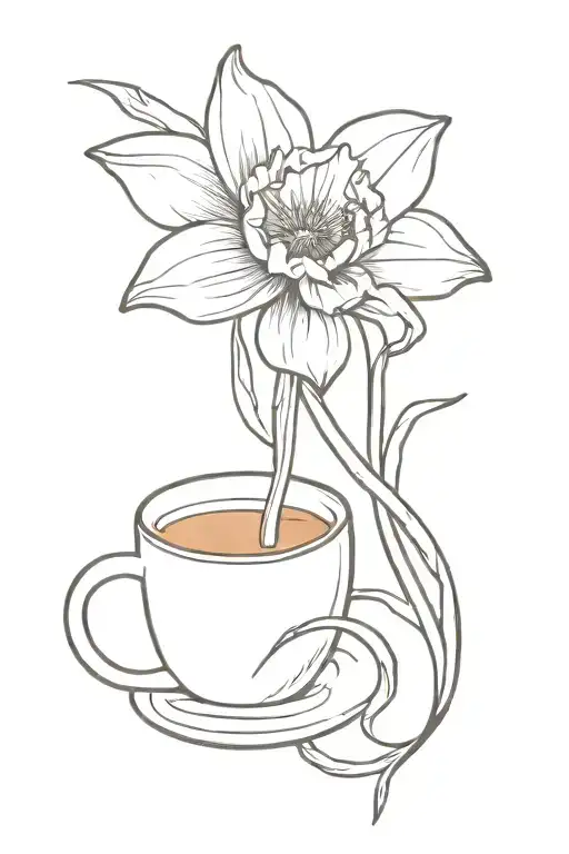 A Minimalist Tattoo Of A Daffodil With A Coffee Cup Intertwined In The Design