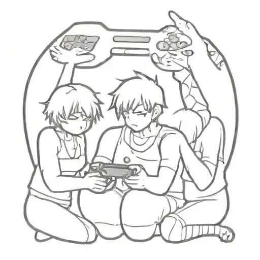 A Minimalist Tattoo Of A Group Of Anime Characters Playing Video Games Together