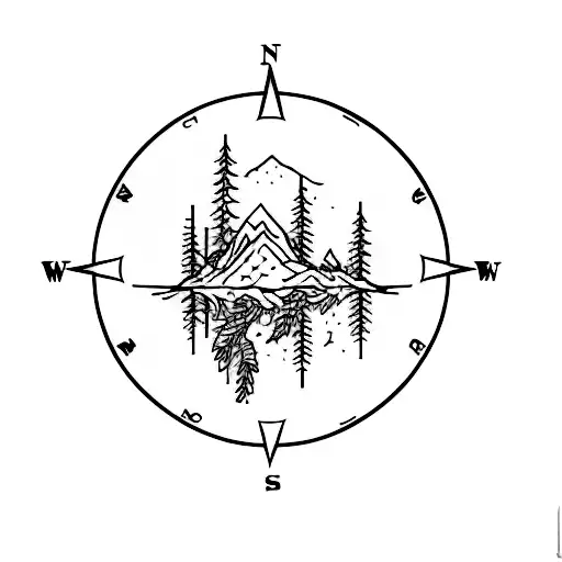 A Compass With Mountains And Trees Inside The Outer Circle