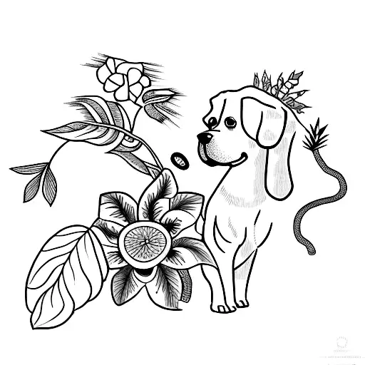 A Unique Tattoo Design Featuring A Dog Watering A Garden Of Plants