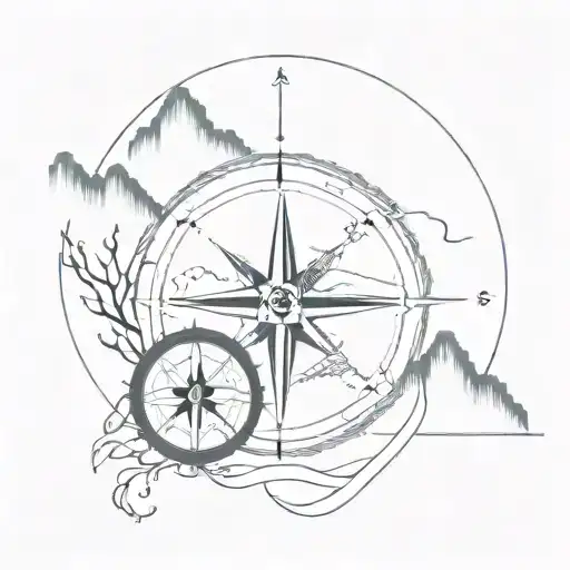 Abstract Interpretation Of The Pisces Zodiac Sign Intertwined With A Compass Set Mountains