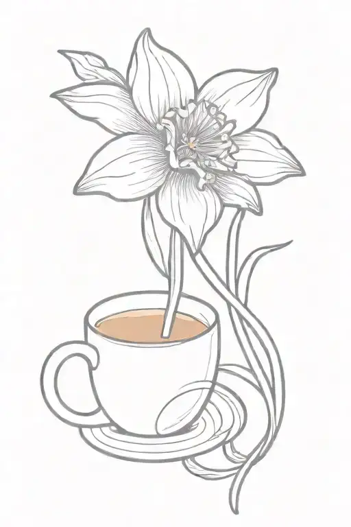 A Minimalist Tattoo Of A Daffodil With A Coffee Cup Intertwined In The Design
