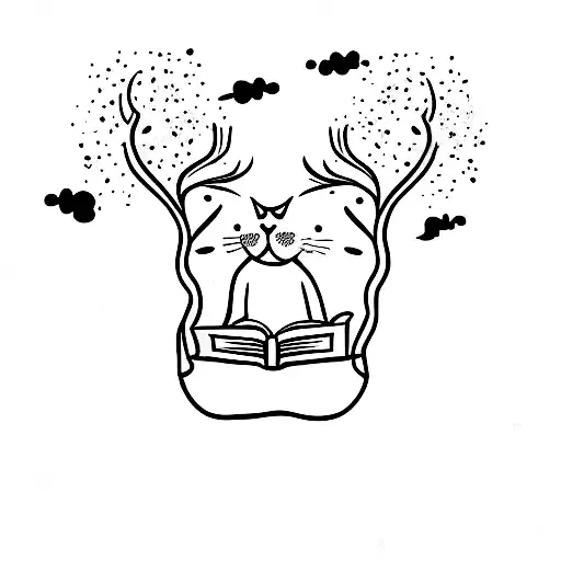 A Minimalist Tattoo Of A Cat Reading A Book Under A Tree
